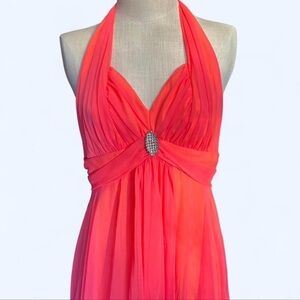 Vintage Mike Benet Coral Chiffon Halter Prom Dress ✨